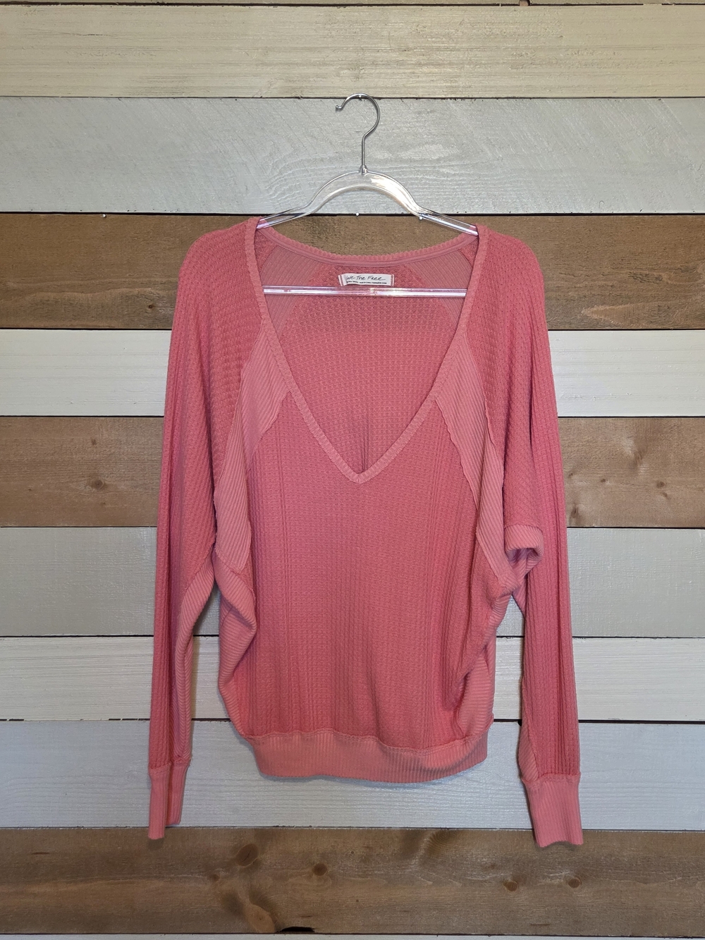 Free People Pink Ribbed V-Neck Long Sleeve Top